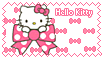 A white stamp with bows in the background and Hello Kitty on it on top of a bow that says 'Hello Kitty'.