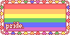 A stamp with the pride flag and rainbow hearts surrounding it that says 'Pride'.