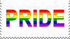 Stamp with a white background and rainbow text that says 'Pride'