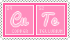 A pink stamp the says 'Cu' with 'Copper' under it and 'Te' with 'Tellurium' under it. Together it spells 'CuTe'.
